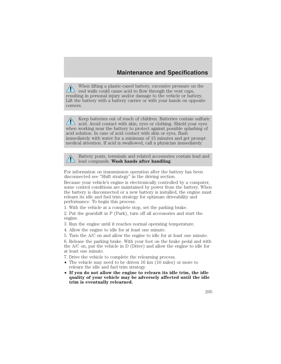 Maintenance and specifications | FORD 2002 E-450 v.2 User Manual | Page 205 / 256