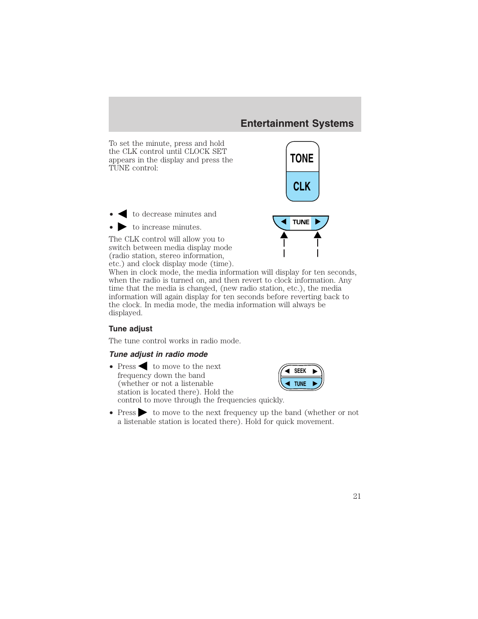 Tone clk, Entertainment systems | FORD 2002 E-450 v.2 User Manual | Page 21 / 256
