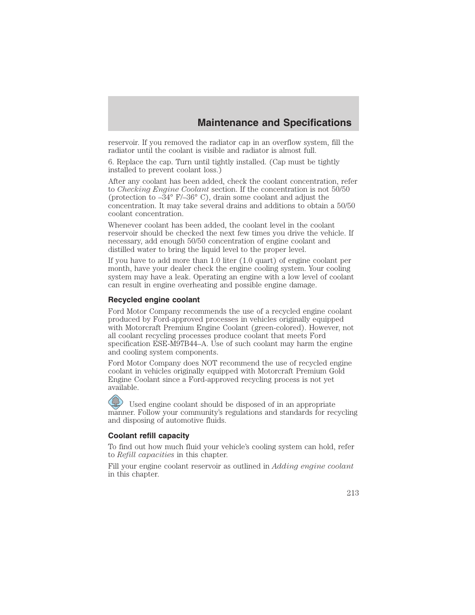 Maintenance and specifications | FORD 2002 E-450 v.2 User Manual | Page 213 / 256