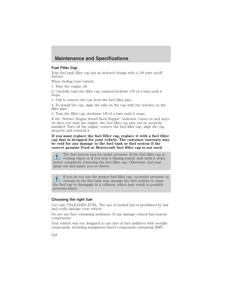 Maintenance and specifications | FORD 2002 E-450 v.2 User Manual | Page 218 / 256