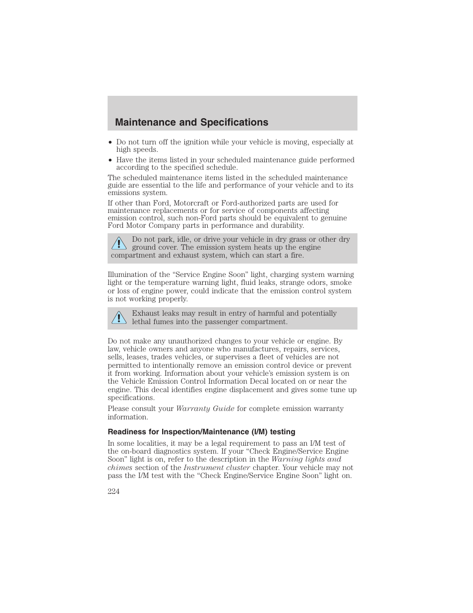 Maintenance and specifications | FORD 2002 E-450 v.2 User Manual | Page 224 / 256