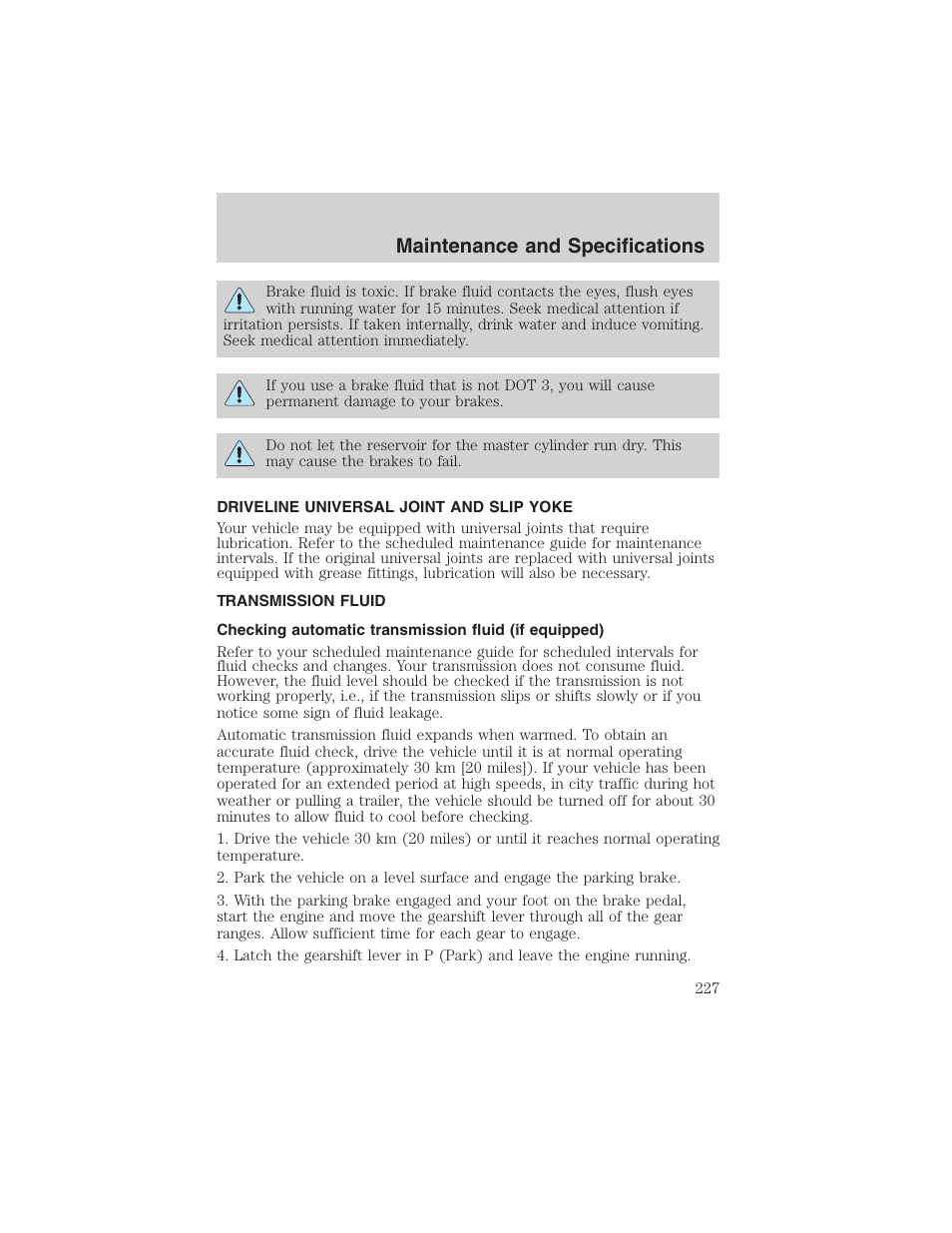 Maintenance and specifications | FORD 2002 E-450 v.2 User Manual | Page 227 / 256