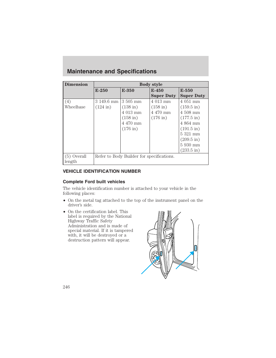 Maintenance and specifications | FORD 2002 E-450 v.2 User Manual | Page 246 / 256