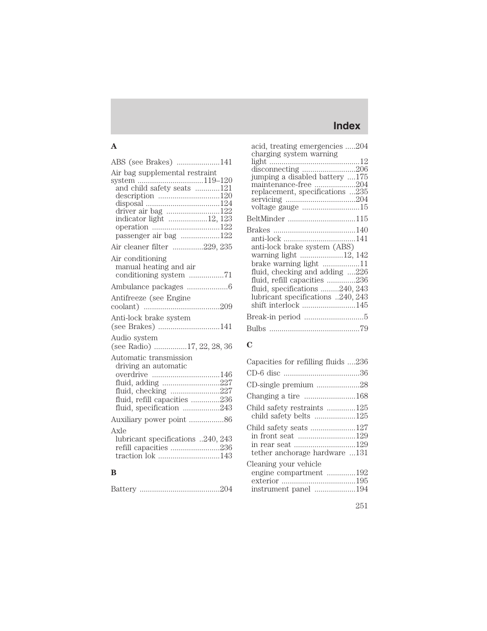Index | FORD 2002 E-450 v.2 User Manual | Page 251 / 256
