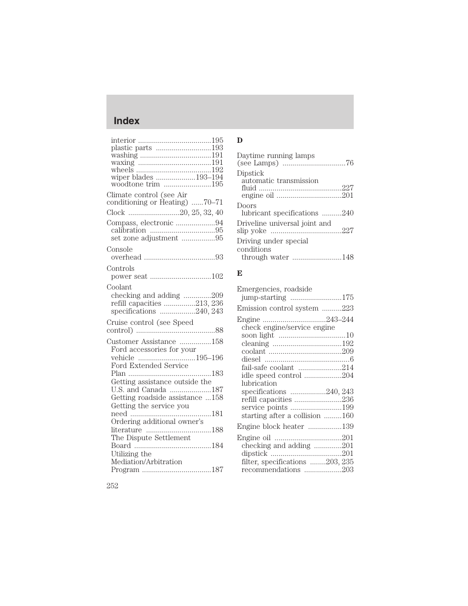 Index | FORD 2002 E-450 v.2 User Manual | Page 252 / 256