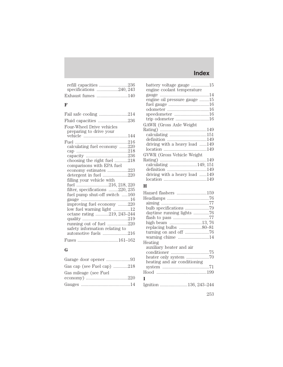 Index | FORD 2002 E-450 v.2 User Manual | Page 253 / 256