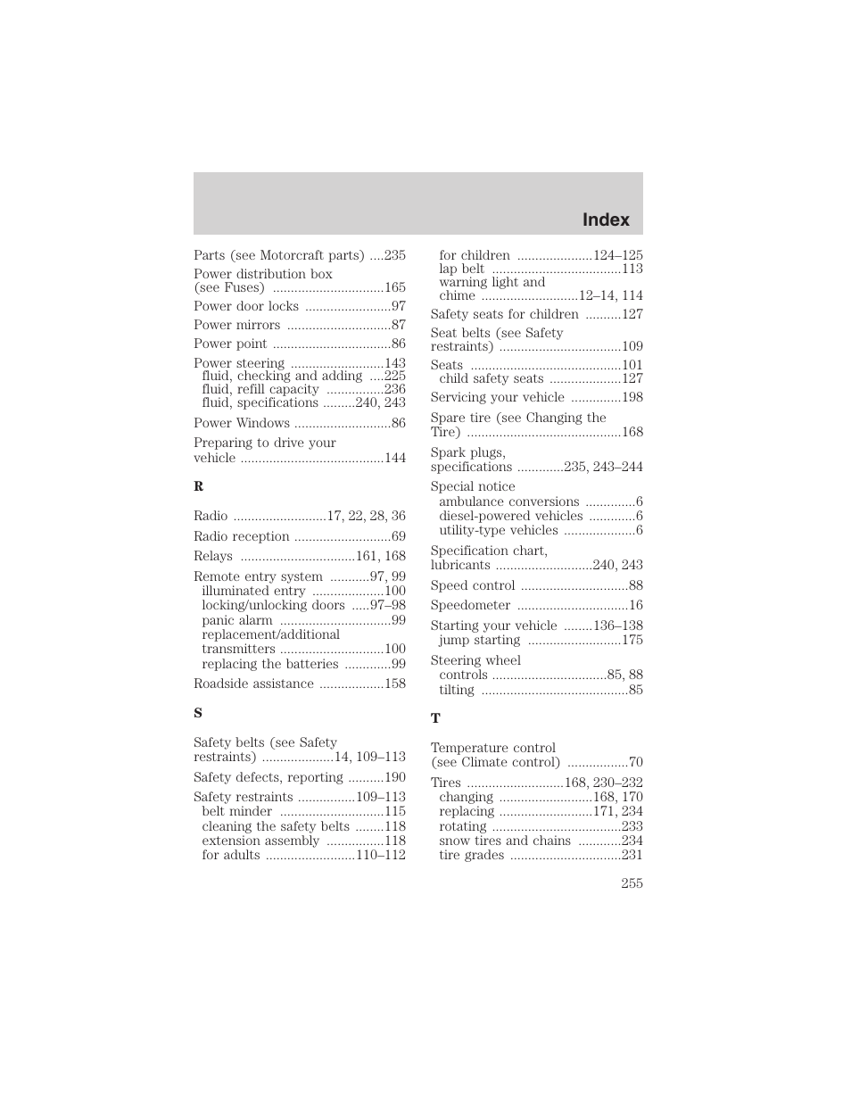 Index | FORD 2002 E-450 v.2 User Manual | Page 255 / 256