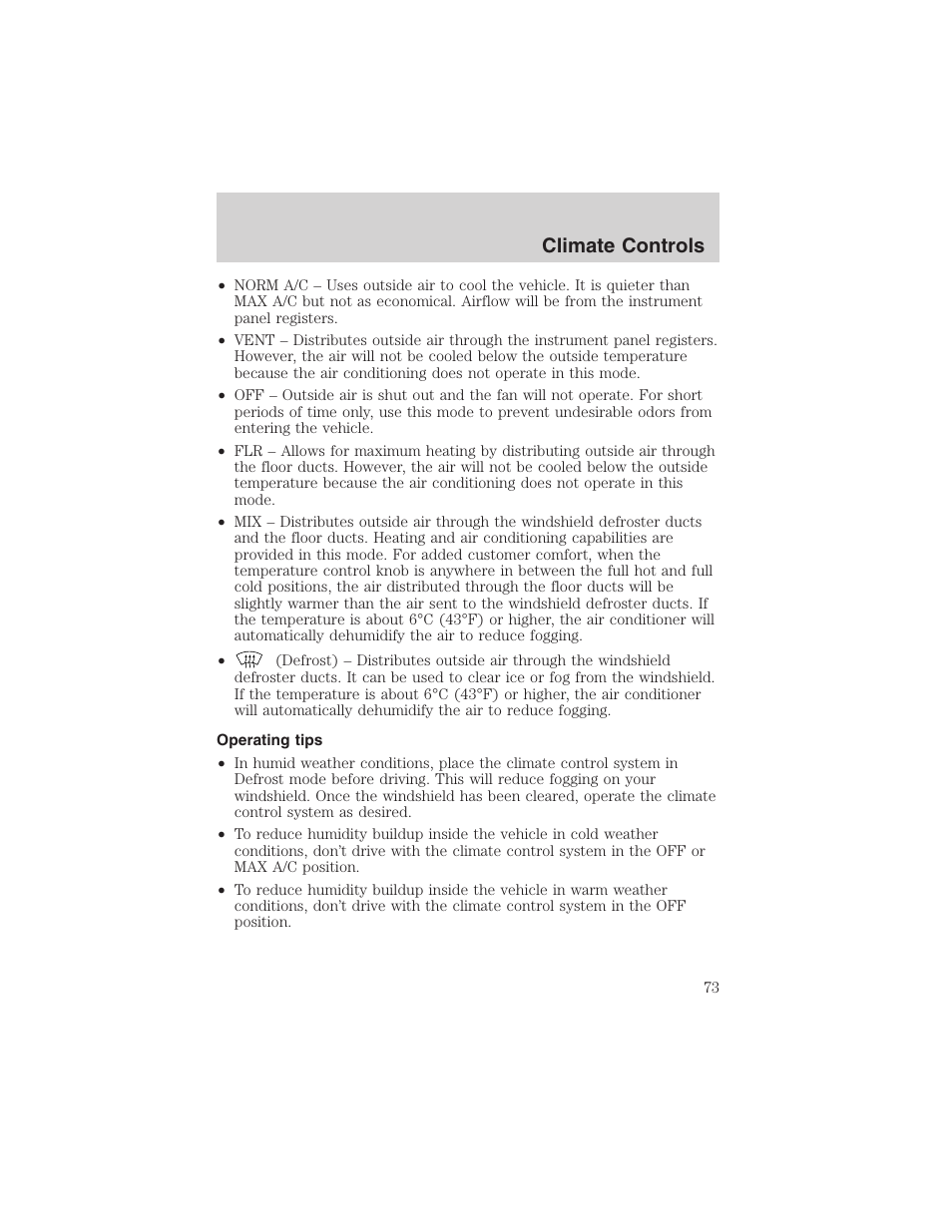 Climate controls | FORD 2002 E-450 v.2 User Manual | Page 73 / 256