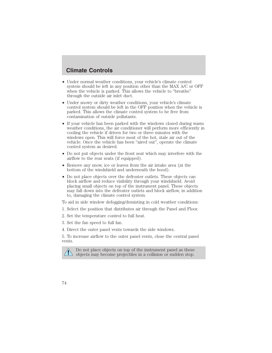 Climate controls | FORD 2002 E-450 v.2 User Manual | Page 74 / 256