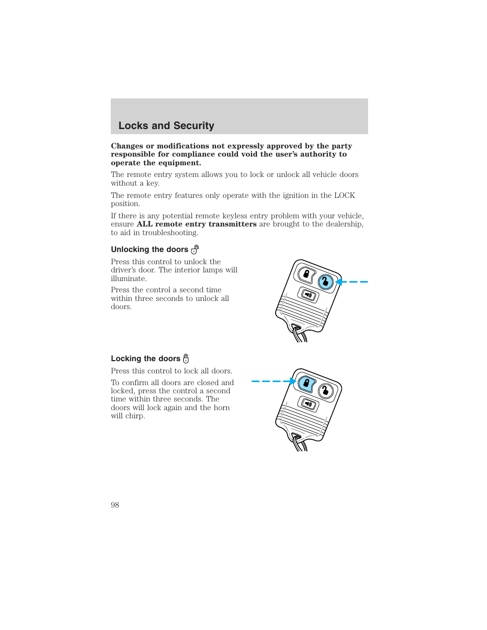 Locks and security | FORD 2002 E-450 v.2 User Manual | Page 98 / 256