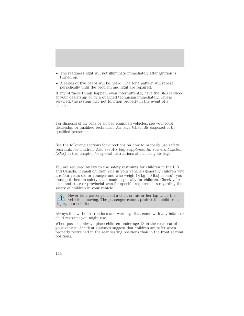 Seating and safety restraints | FORD 2002 Escape v.1 User Manual | Page 144 / 280