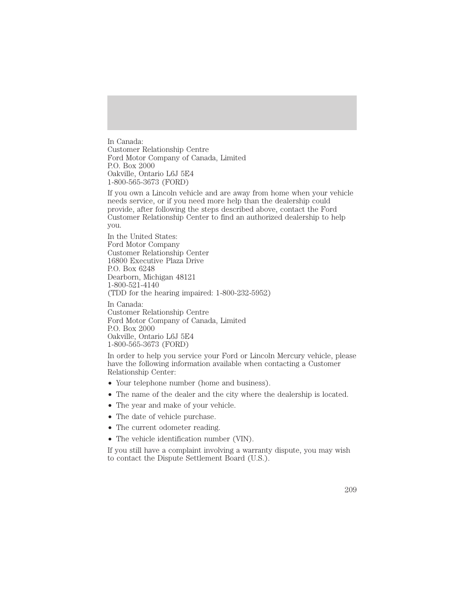 Customer assistance | FORD 2002 Escape v.1 User Manual | Page 209 / 280