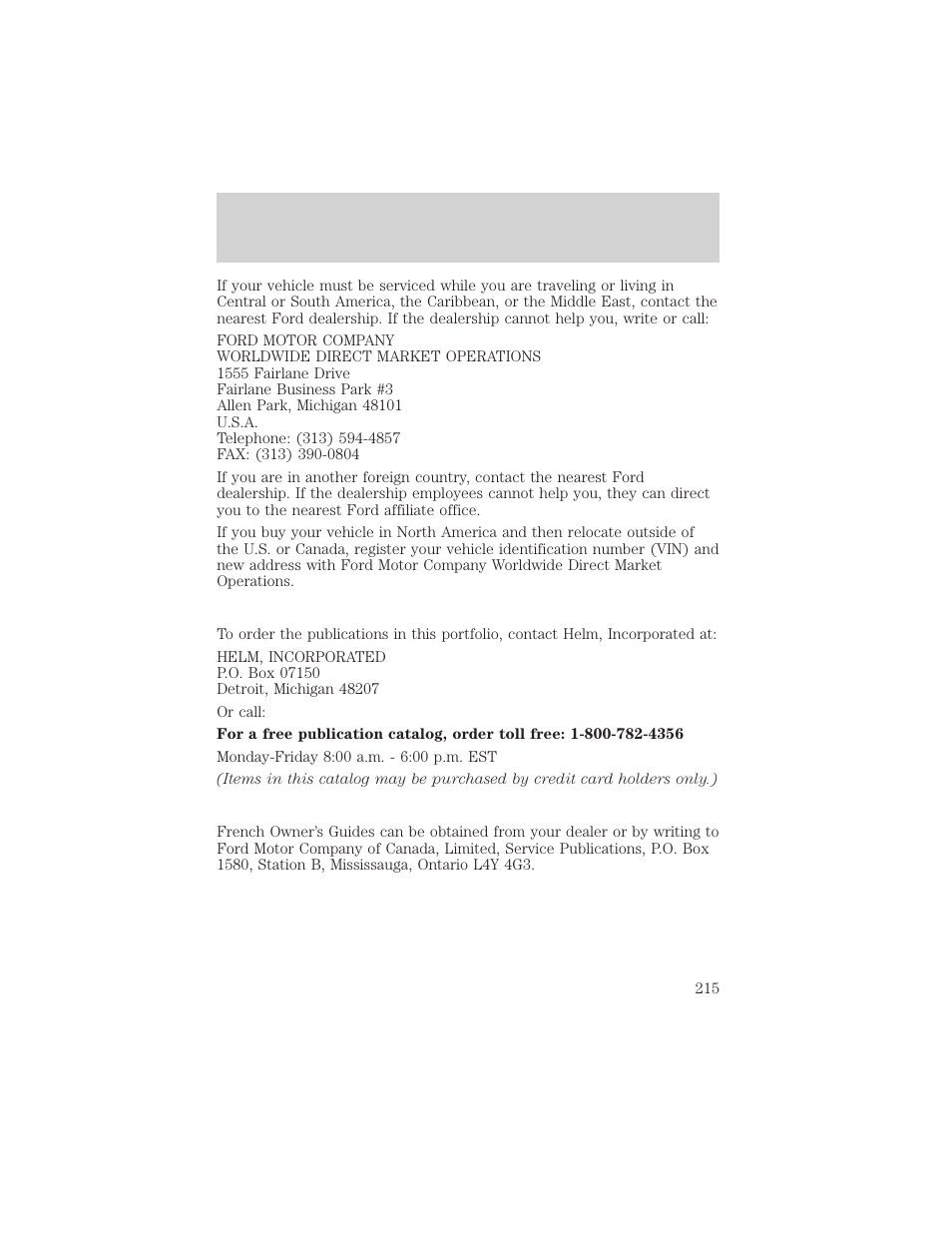 Customer assistance | FORD 2002 Escape v.1 User Manual | Page 215 / 280