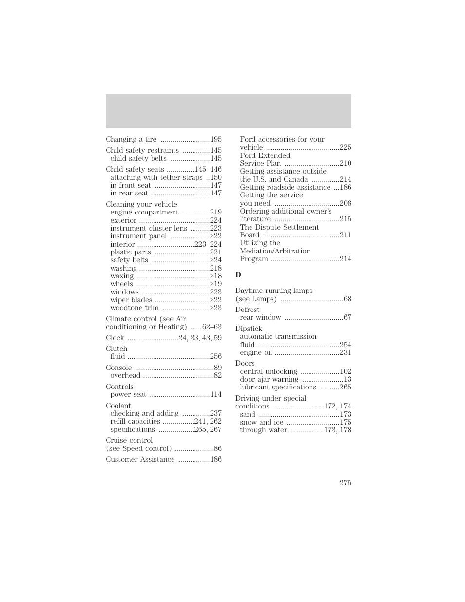 Index | FORD 2002 Escape v.1 User Manual | Page 275 / 280