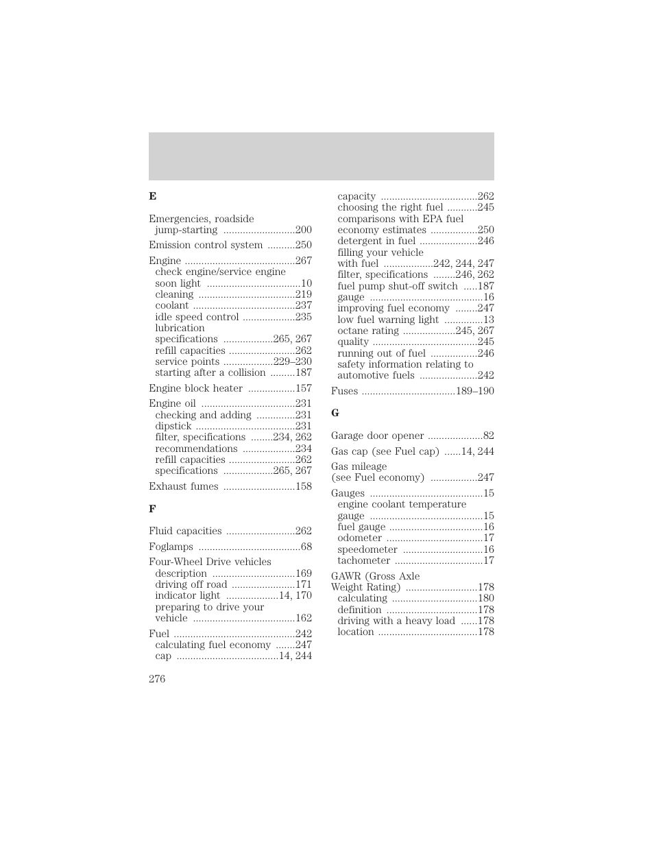 Index | FORD 2002 Escape v.1 User Manual | Page 276 / 280