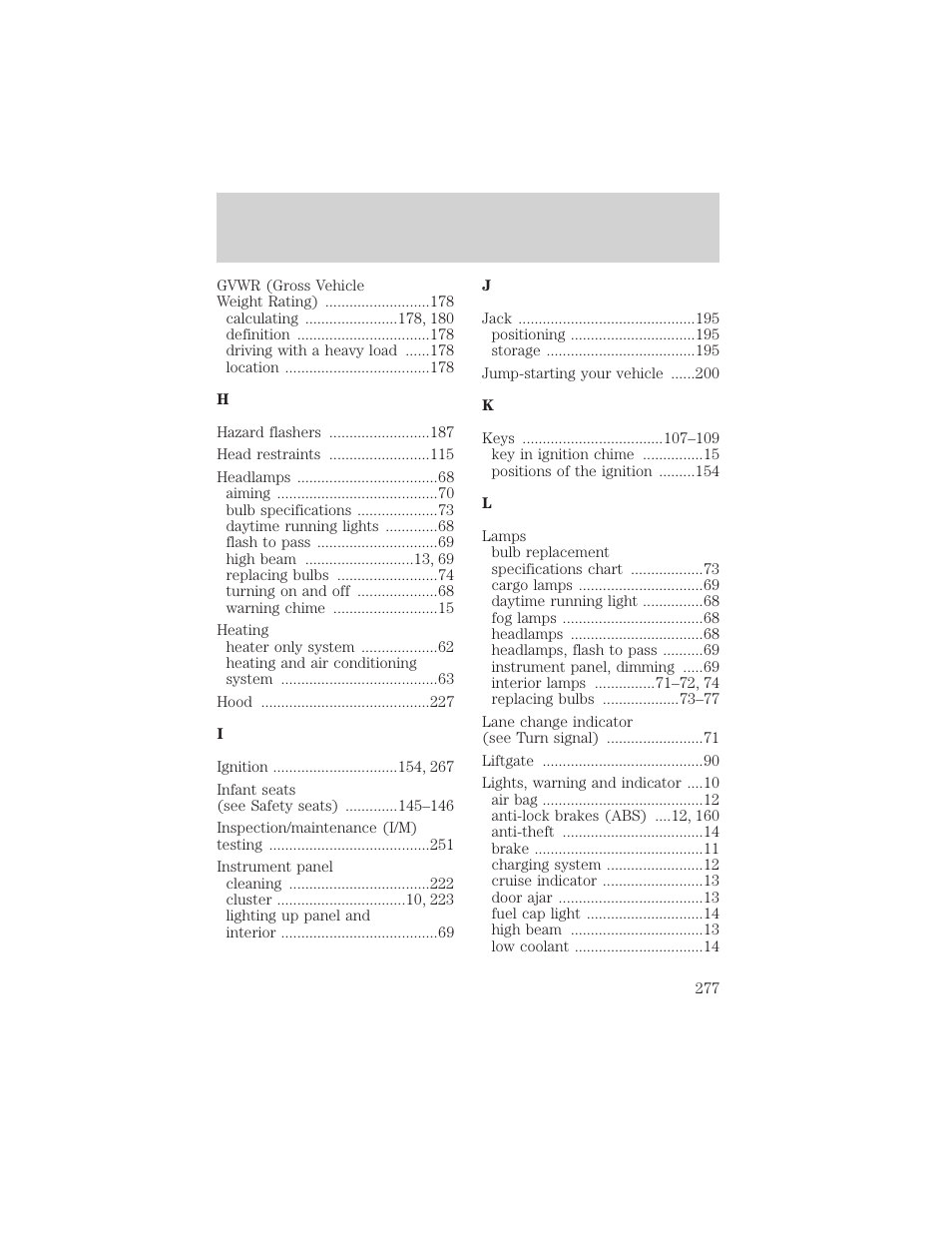 Index | FORD 2002 Escape v.1 User Manual | Page 277 / 280