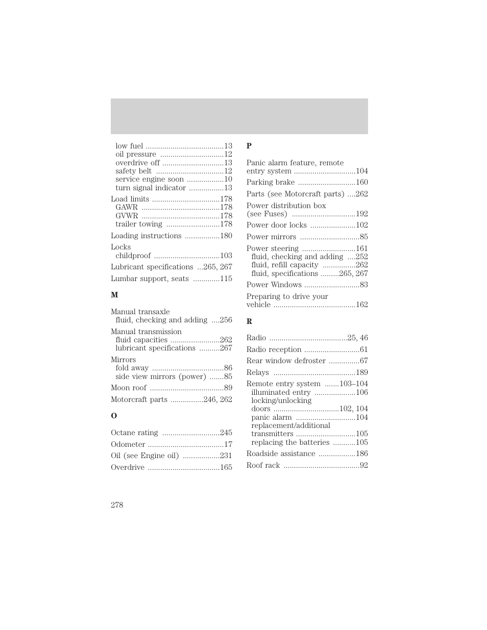 Index | FORD 2002 Escape v.1 User Manual | Page 278 / 280