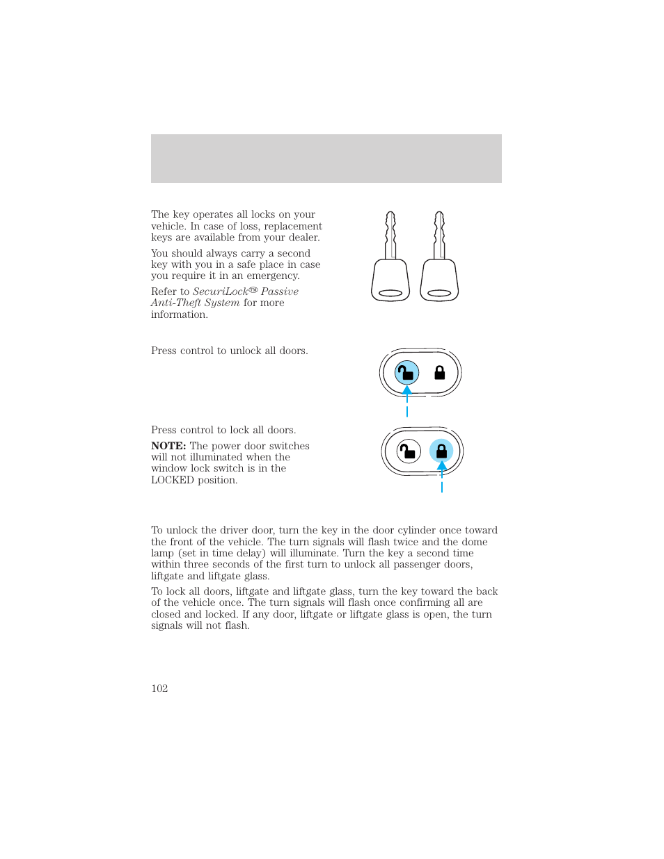 Locks and security | FORD 2002 Escape v.2 User Manual | Page 102 / 280