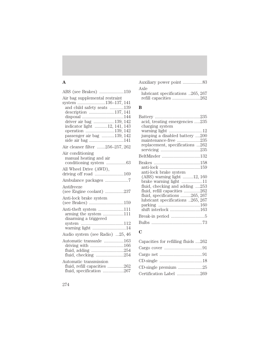 Index | FORD 2002 Escape v.2 User Manual | Page 274 / 280