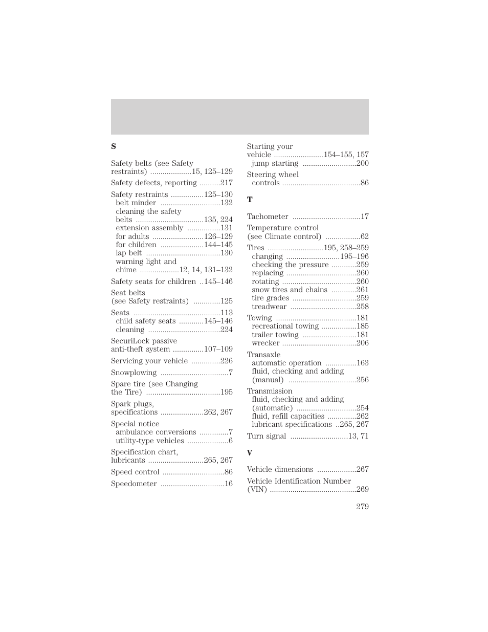 Index | FORD 2002 Escape v.2 User Manual | Page 279 / 280