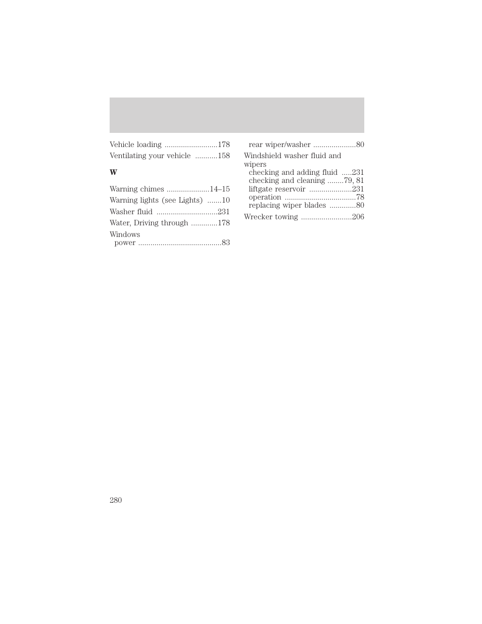 Index | FORD 2002 Escape v.2 User Manual | Page 280 / 280
