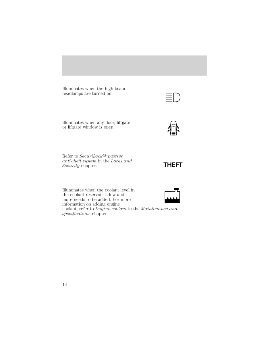 Theft, Instrument cluster | FORD 2002 Escape v.3 User Manual | Page 14 / 288