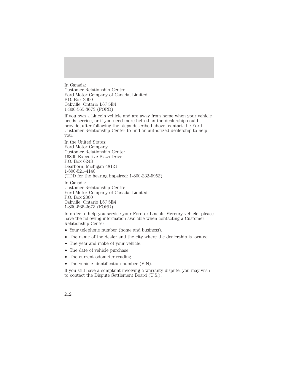 Customer assistance | FORD 2002 Escape v.3 User Manual | Page 212 / 288