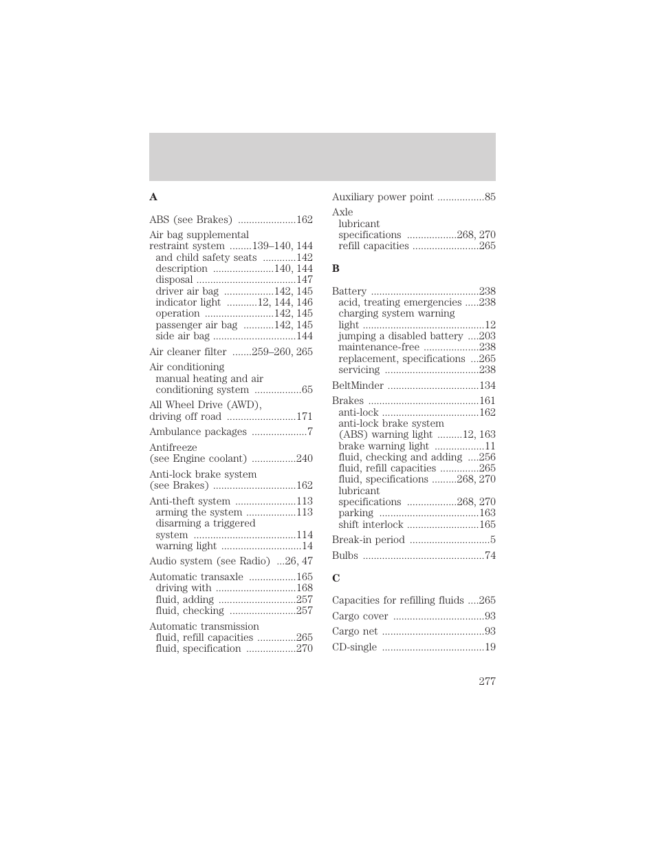 Index | FORD 2002 Escape v.3 User Manual | Page 277 / 288