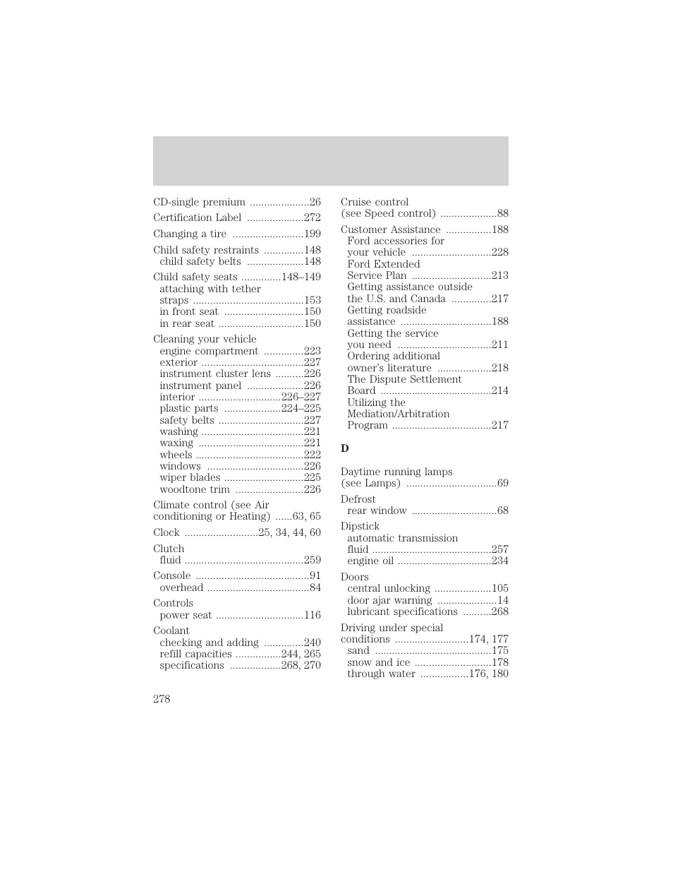 Index | FORD 2002 Escape v.3 User Manual | Page 278 / 288