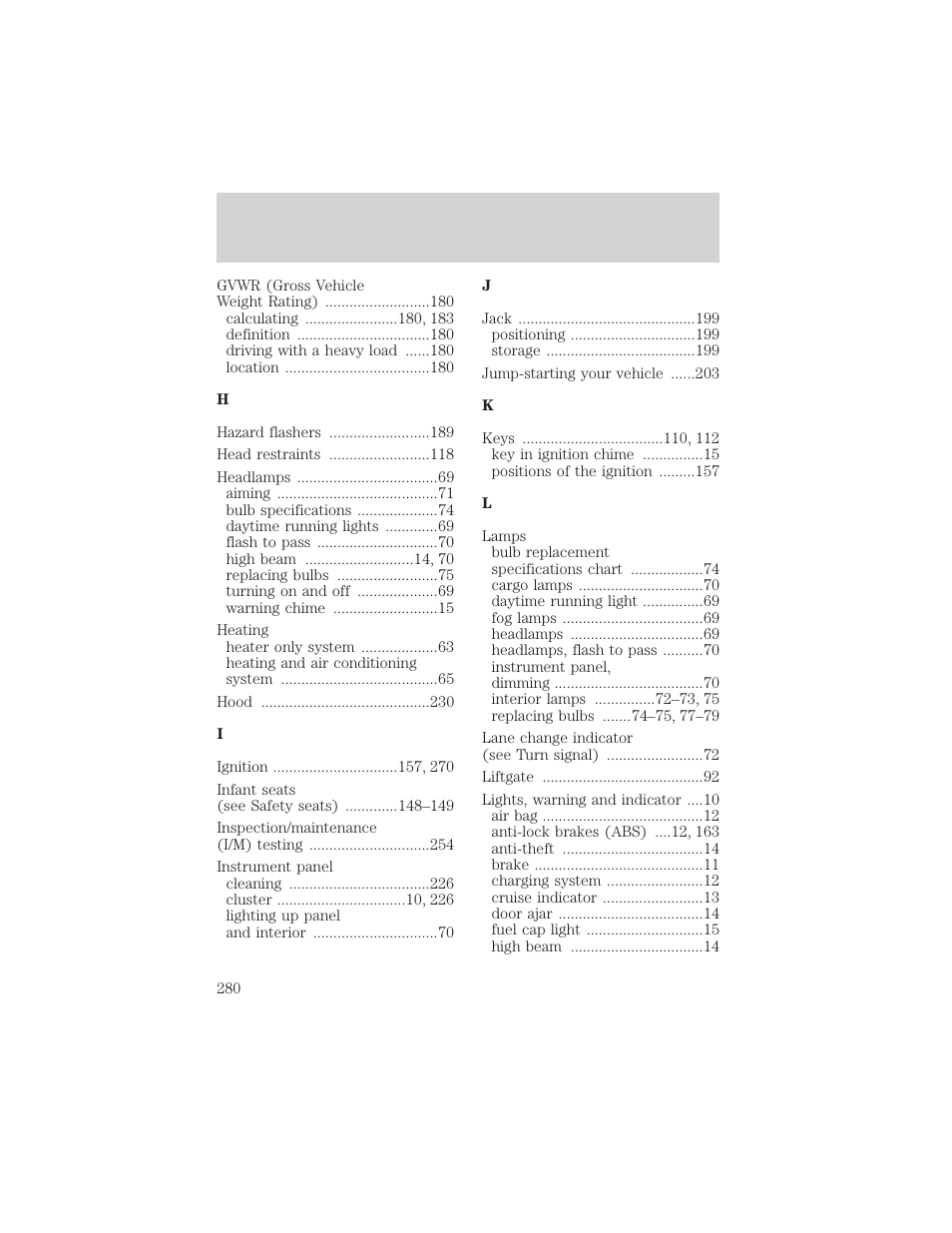 Index | FORD 2002 Escape v.3 User Manual | Page 280 / 288