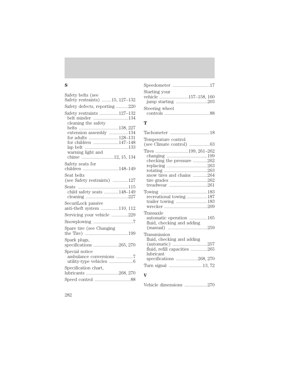 Index | FORD 2002 Escape v.3 User Manual | Page 282 / 288