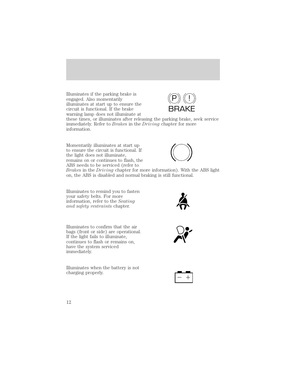 P! brake abs | FORD 2002 Escort v.1 User Manual | Page 12 / 216