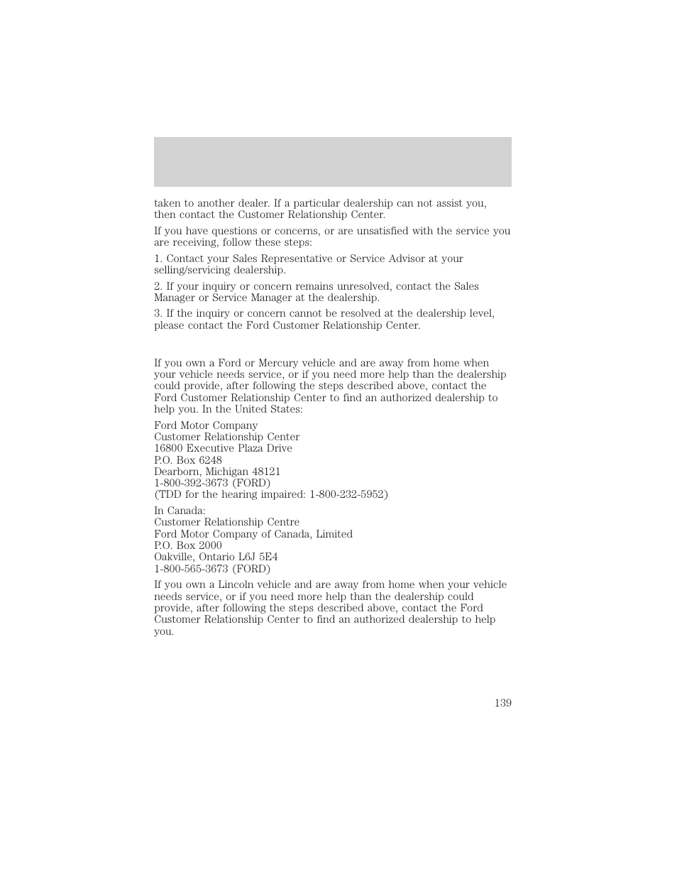 Customer assistance | FORD 2002 Escort v.1 User Manual | Page 139 / 216