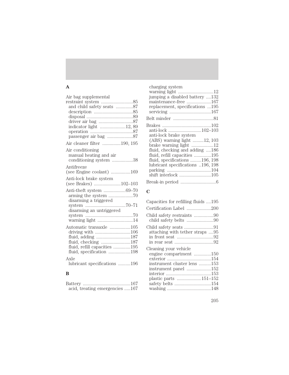Index | FORD 2002 Escort v.1 User Manual | Page 205 / 216