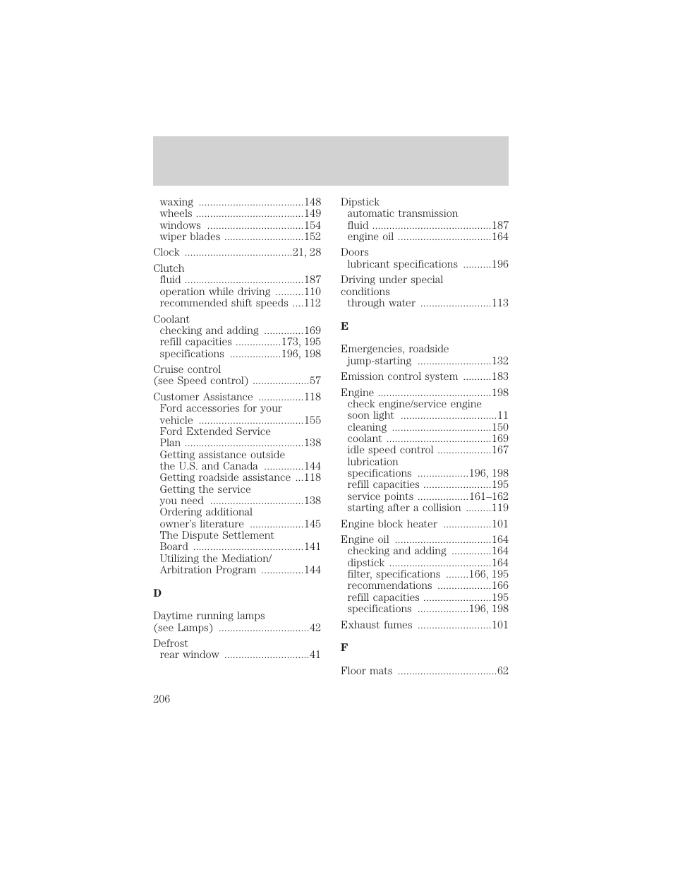 Index | FORD 2002 Escort v.1 User Manual | Page 206 / 216