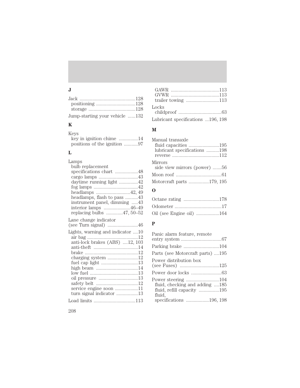 Index | FORD 2002 Escort v.1 User Manual | Page 208 / 216