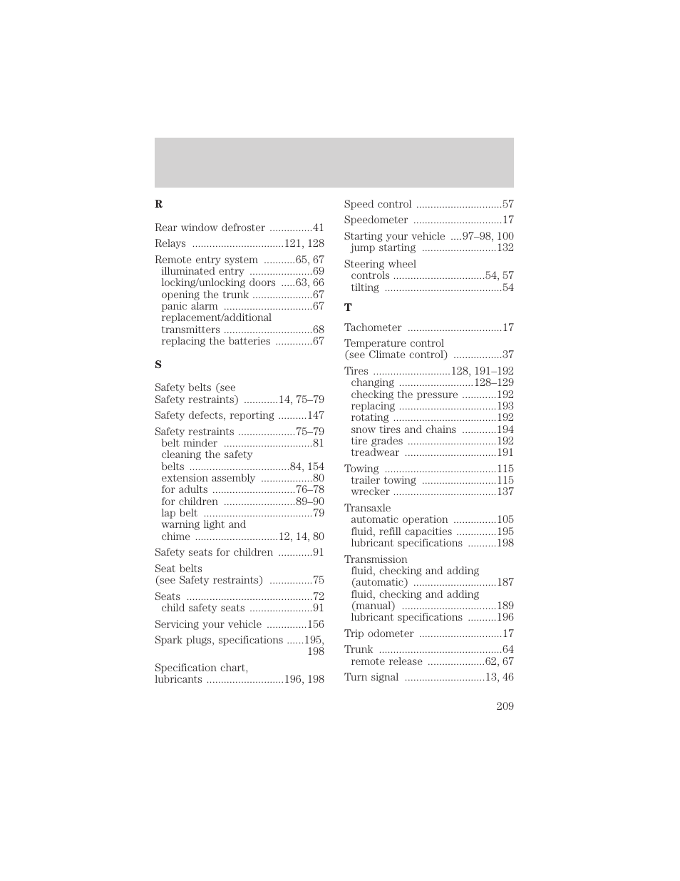 Index | FORD 2002 Escort v.1 User Manual | Page 209 / 216