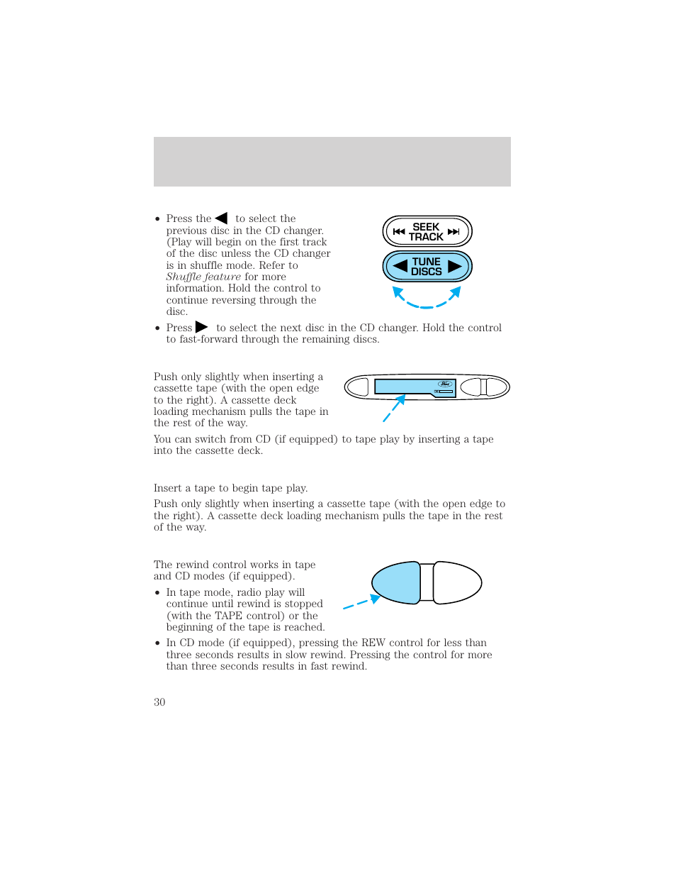 Entertainment systems, Rew ff | FORD 2002 Escort v.1 User Manual | Page 30 / 216