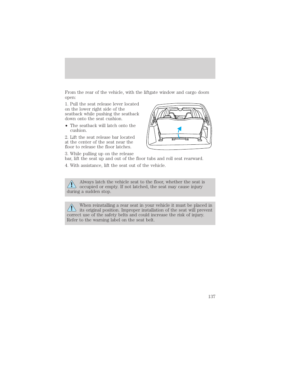 Seating and safety restraints | FORD 2002 Excursion v.1 User Manual | Page 137 / 296