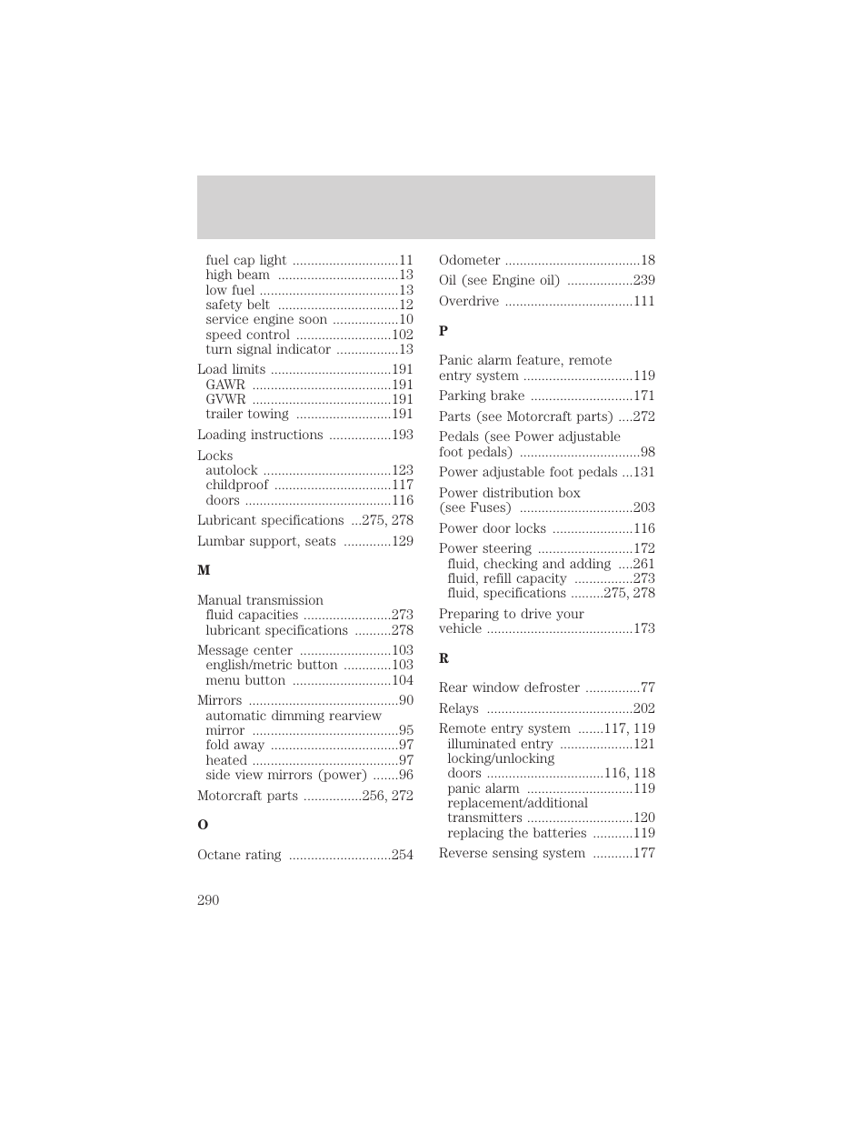 Index | FORD 2002 Excursion v.1 User Manual | Page 290 / 296