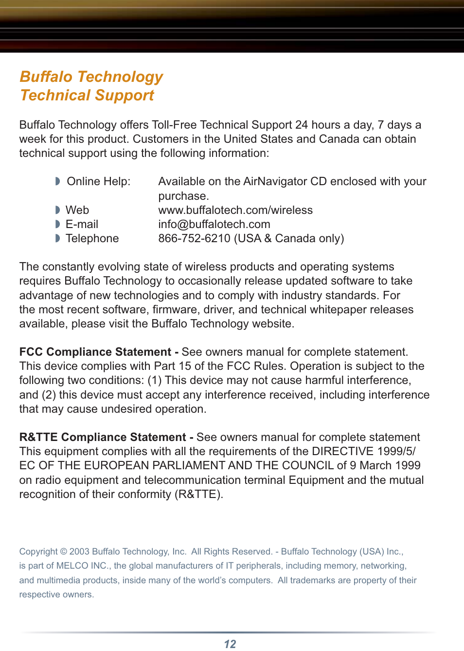 Buffalo technology technical support | Buffalo Technology Buffalo AirStation WLI-CB-B11 User Manual | Page 12 / 12