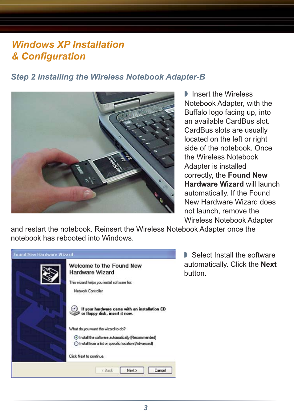 Windows xp installation & conﬁ guration | Buffalo Technology Buffalo AirStation WLI-CB-B11 User Manual | Page 3 / 12