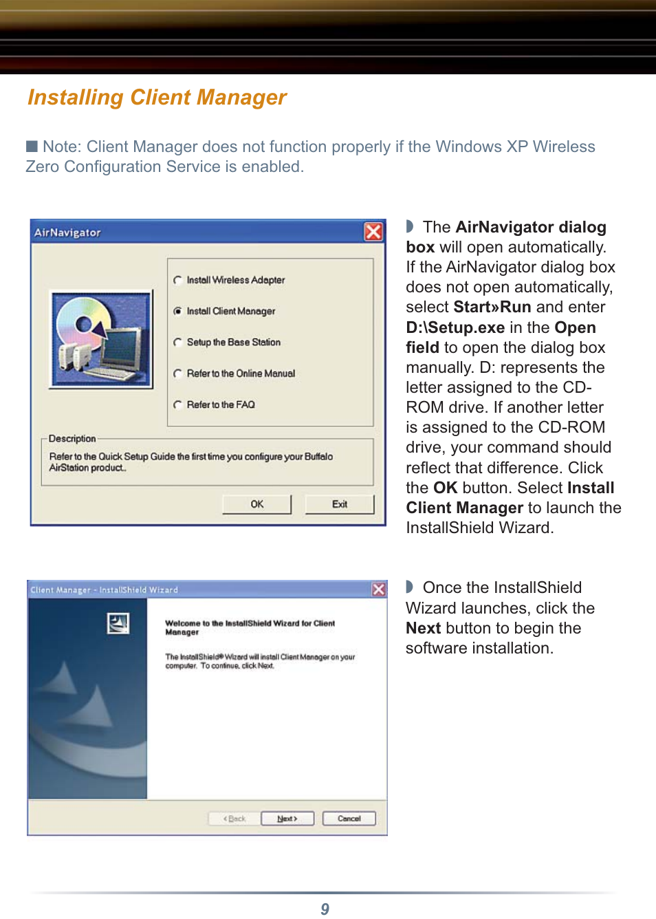 Installing client manager | Buffalo Technology Buffalo AirStation WLI-CB-B11 User Manual | Page 9 / 12