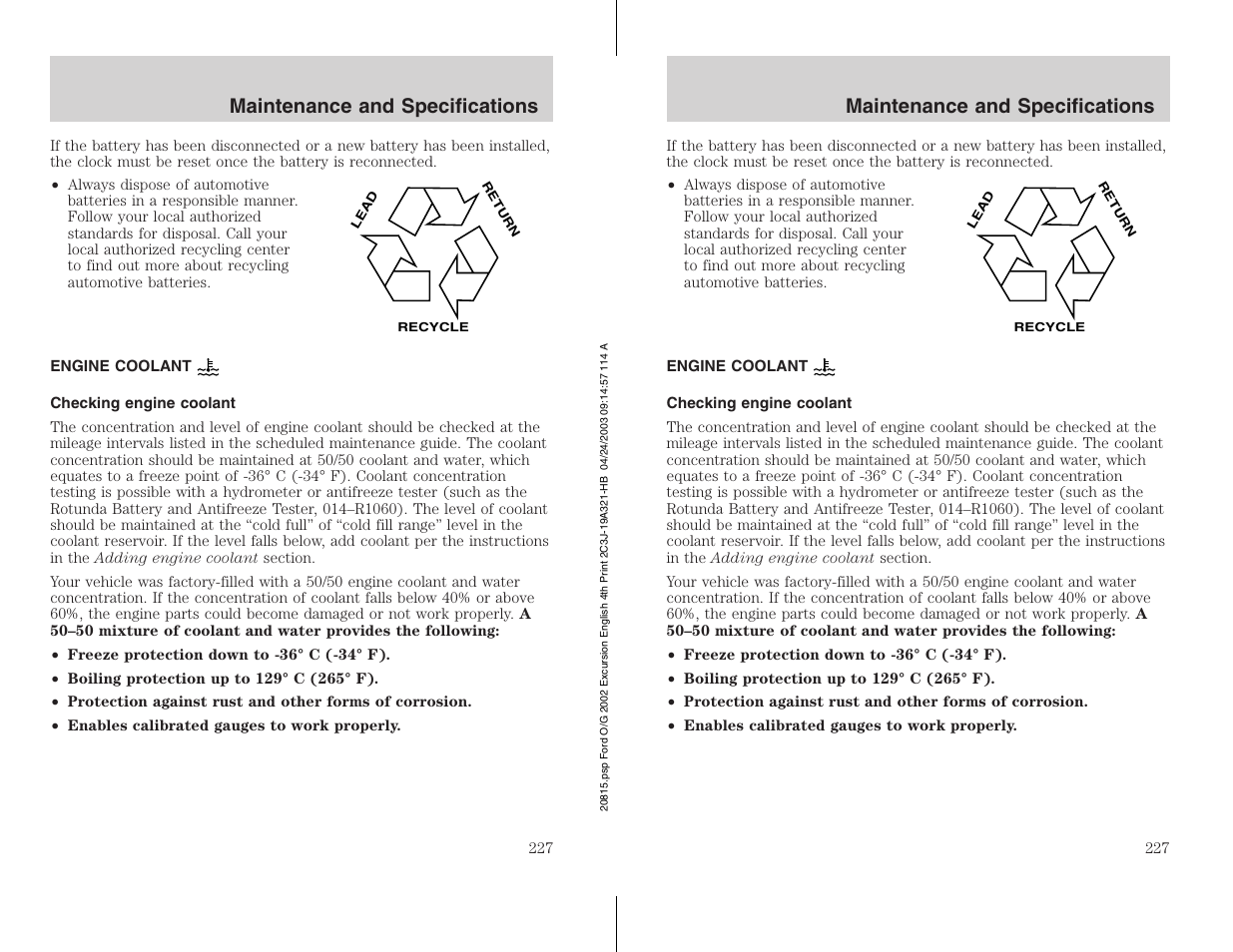 Maintenance and specifications | FORD 2002 Excursion v.3 User Manual | Page 227 / 272