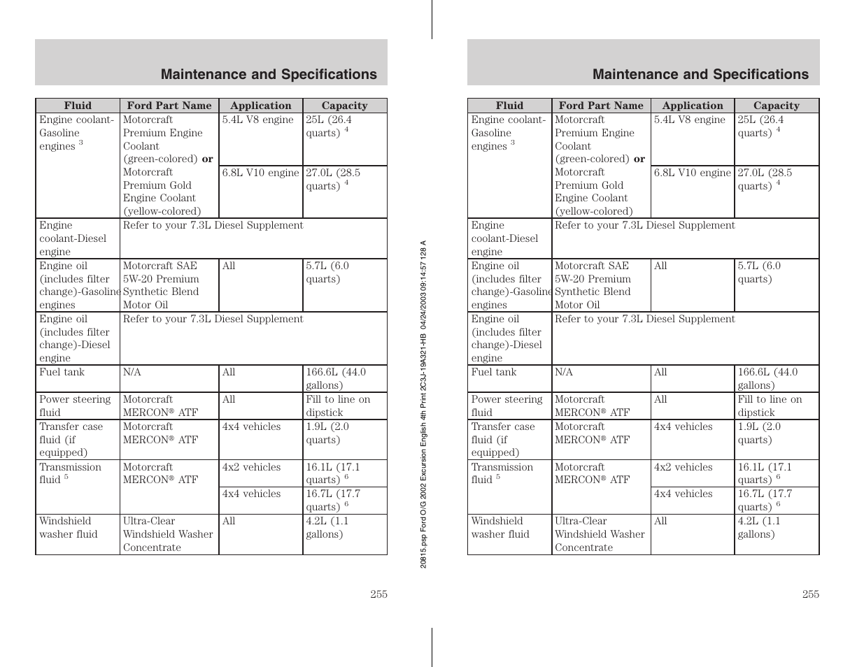 Maintenance and specifications | FORD 2002 Excursion v.3 User Manual | Page 255 / 272