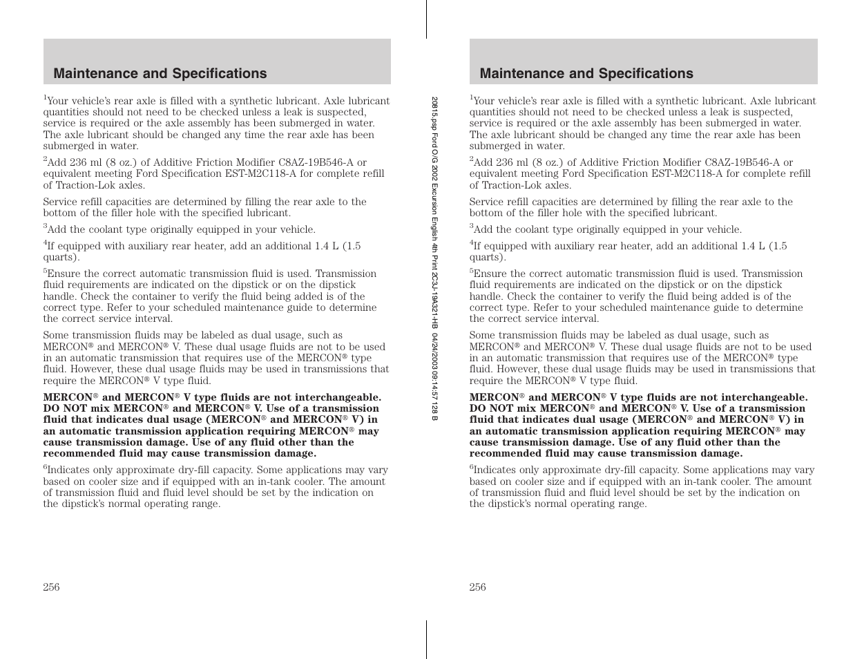 Maintenance and specifications | FORD 2002 Excursion v.3 User Manual | Page 256 / 272