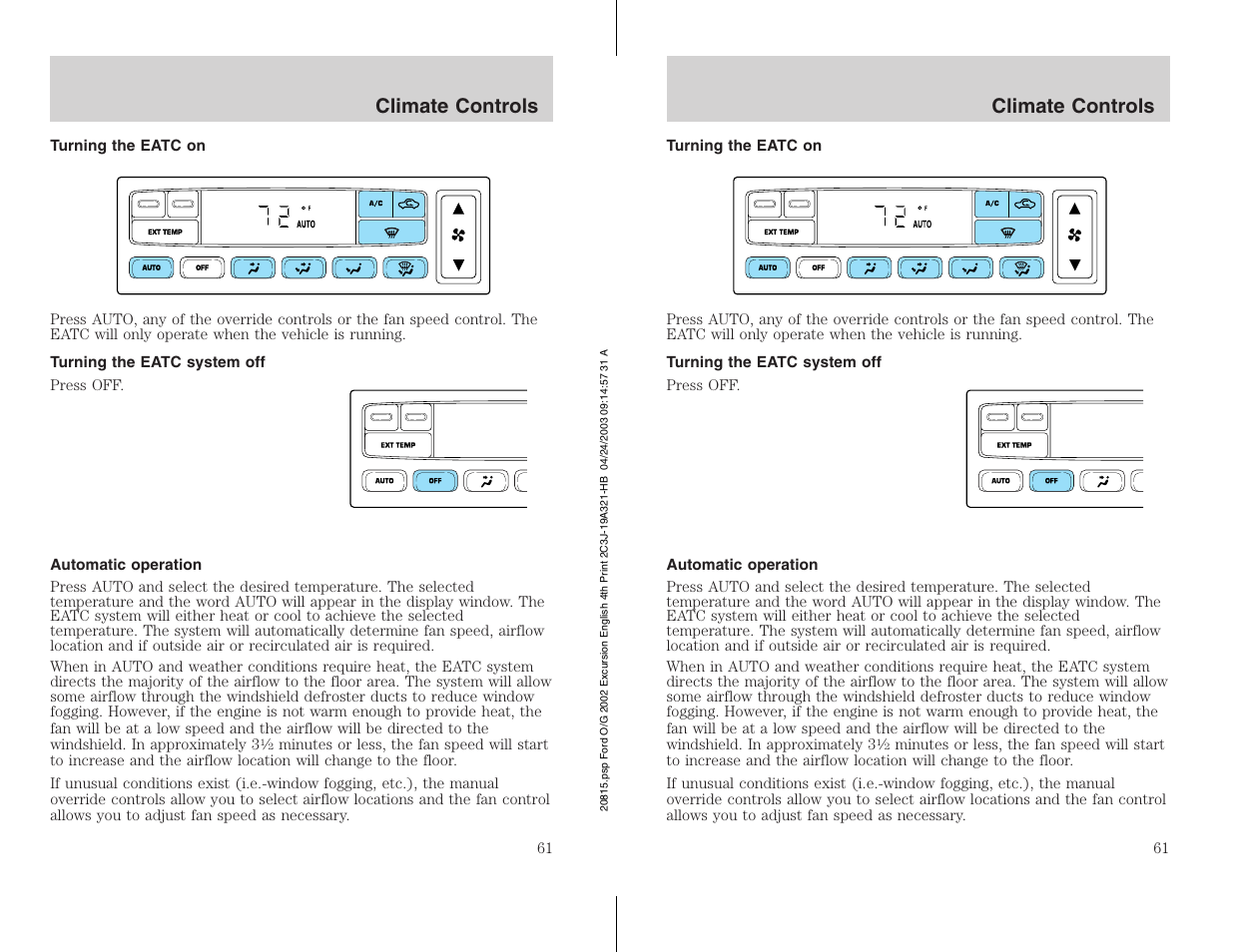 Climate controls | FORD 2002 Excursion v.3 User Manual | Page 61 / 272