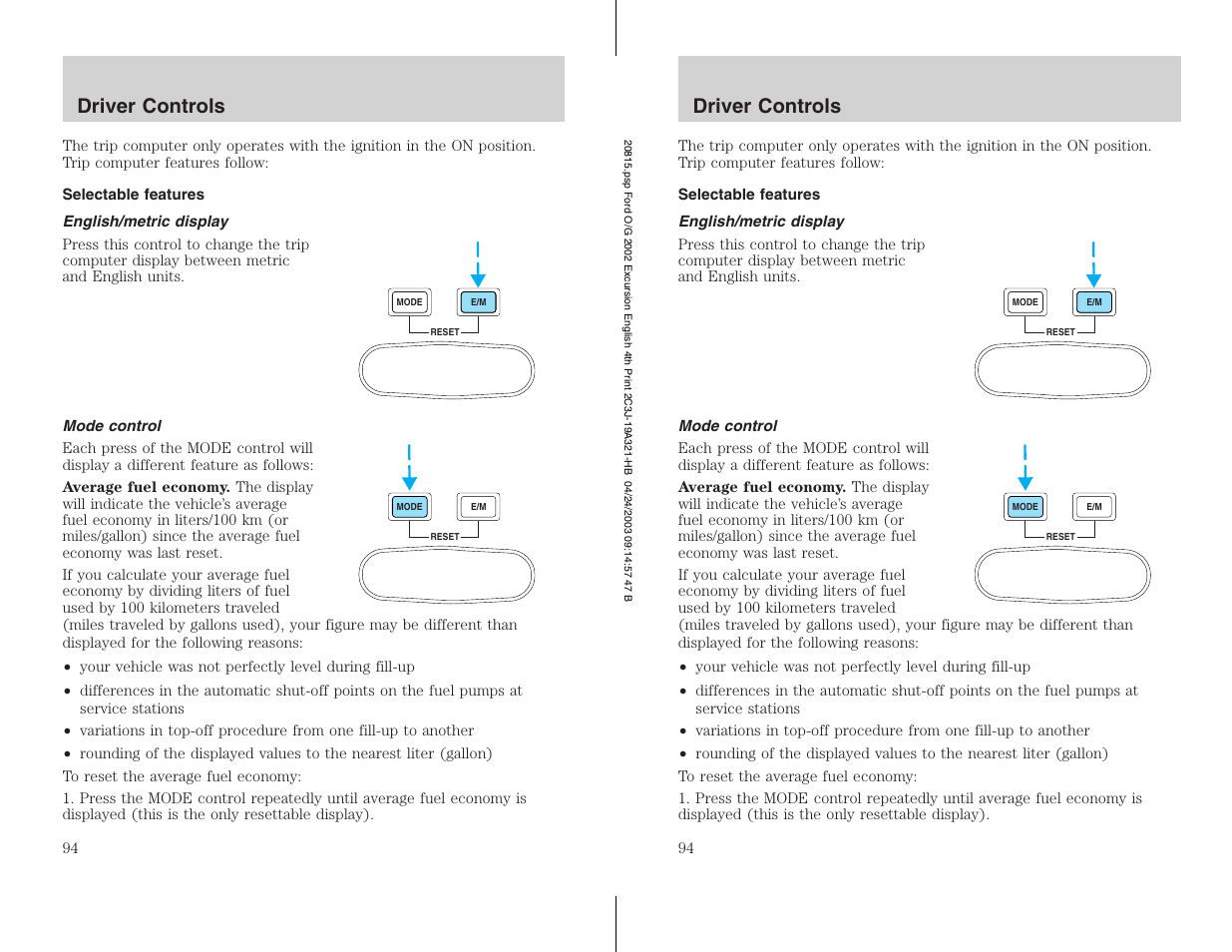 Driver controls | FORD 2002 Excursion v.3 User Manual | Page 94 / 272