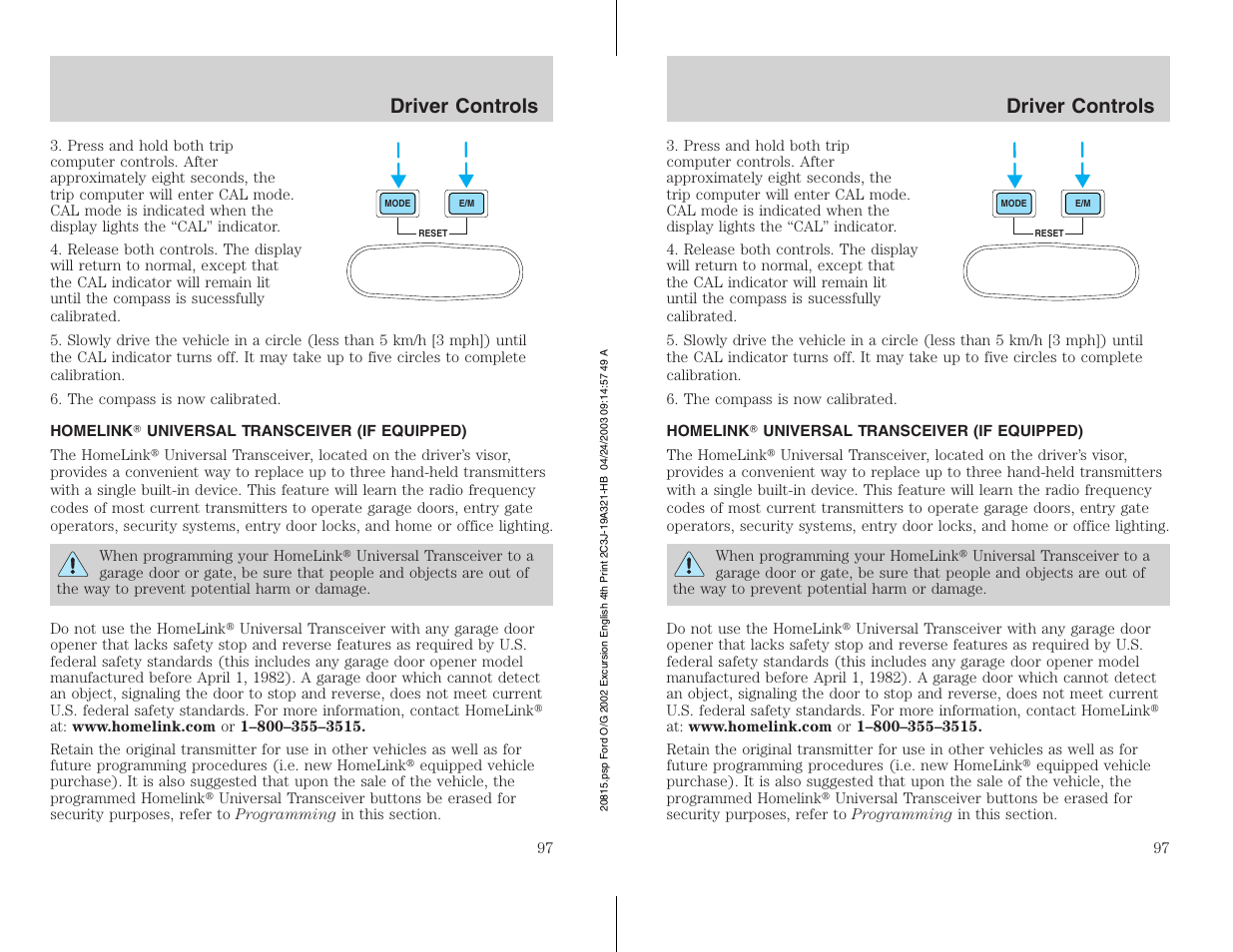 Driver controls | FORD 2002 Excursion v.3 User Manual | Page 97 / 272