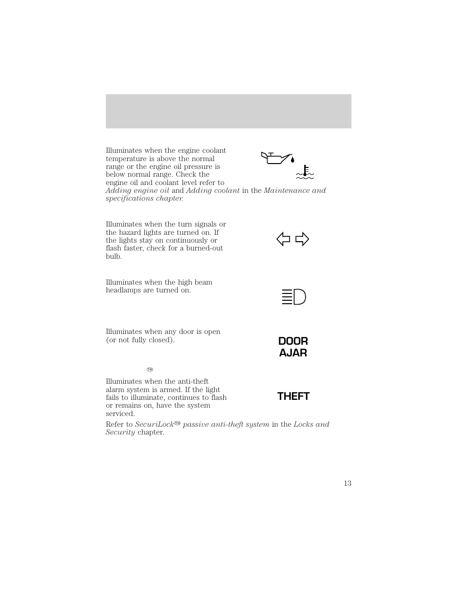 Door ajar theft, Instrument cluster | FORD 2002 Expedition User Manual | Page 13 / 280